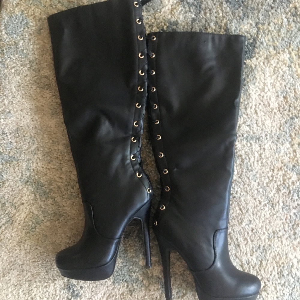 Faux leather/lace high heel boots!